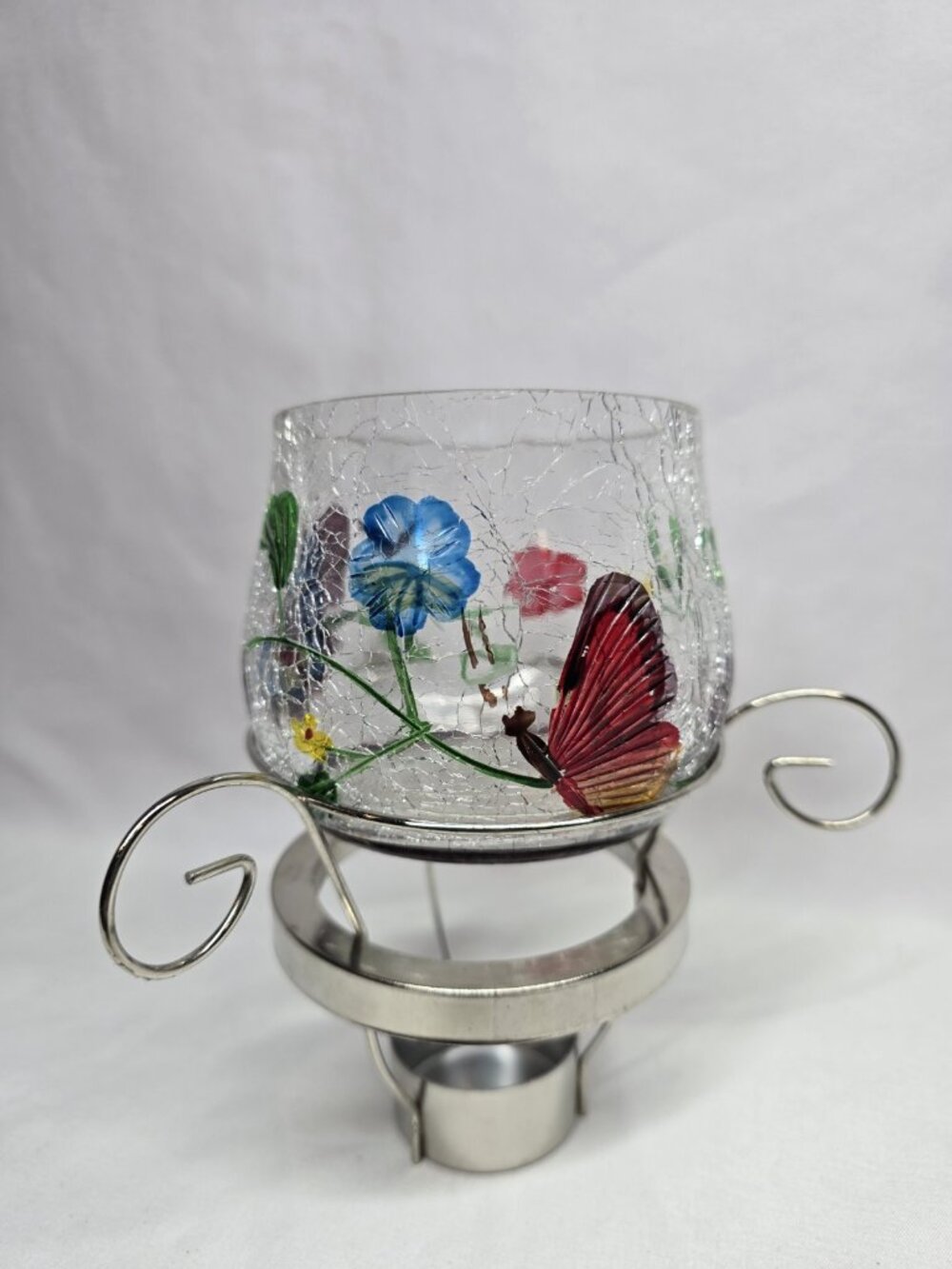 Yankee Candle Votive Holder VTG  Crackle Floral Butterfly Painted Glass- Chipped